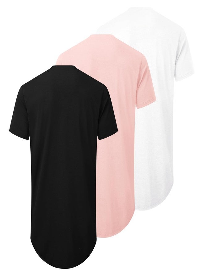 TEZO Mens 3 Pack Plain Cotton Shirts Short Sleeve Casual Crew Neck T-Shirts Hipster Hip Hop Longline Tees Shirts Drop Cut Curved Hem Shirt (BKWTPK M) - Image 2